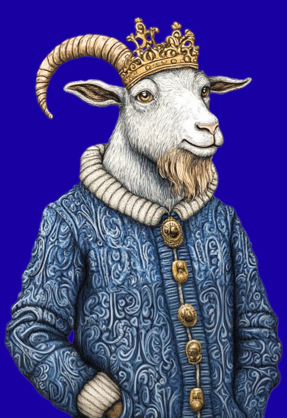 De Kasjmier Koning: een geit met kroon in een blauw kasjmier vest